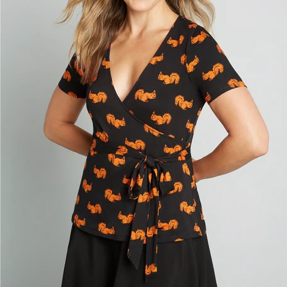 The Surplice is Right Faux-Wrap Top Squirrel Print Modcloth